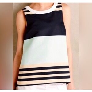 Troubadour Colorblock Top Womens 0 Black‎ Mint Beige Striped Split Back Blouse